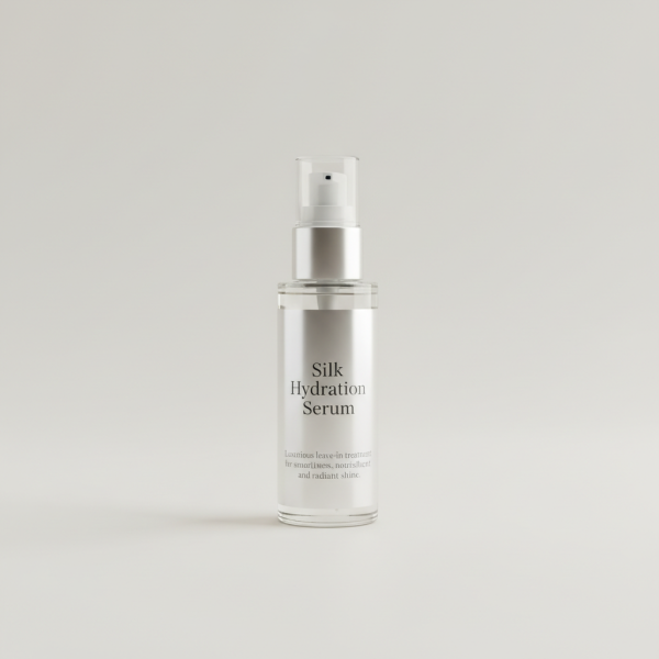 Professional e-commerce product photography of a **brandless** Silk Hydration Hair Serum (Luxurious leave in serum that smooths, nourishes, and adds radiant shine.). The entire environment is a perfectly uniform, flat, solid color #EAE9E7 (light warm gray) with absolutely no gradient, vignette, spotlighting, texture, noise, or grain. The object is centered and tiny, occupying only 25% of the frame, surrounded by massive negative space. The background and floor are a seamless, infinite cyclorama of solid color #EAE9E7 with no horizon line, no corner, and no visible wall/floor transition. Lighting: ultra-even high-key with very strong global illumination and soft, multi-directional bounced fill (studio light tent look). Bright exposure (lifted midtones and shadows, low contrast), slightly overexposed overall while preserving product detail. Fully diffuse, no hard shadows, no cast shadows; at most a barely visible neutral contact shadow. No harsh specular highlights. Framing: simple 3/4 view. Perfectly centered. Style: ultra-clean, minimalistic. No logos, no text, no distractions. 8k resolution, sharp details on the object.