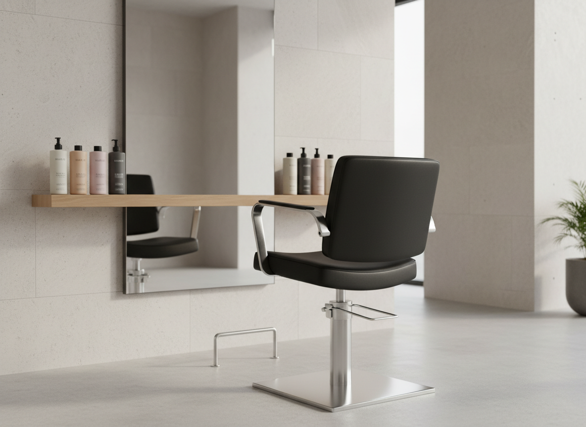 A sleek black salon styling chair with polished chrome armrests and a minimalist square base, facing a wide frameless mirror mounted on a pale stone wall. Below the mirror, a floating oak shelf holds neatly arranged premium shampoo and conditioner bottles in muted, sophisticated packaging. Soft, diffused daylight enters from an unseen window to the right, creating gentle reflections on the chrome and a subtle glow on the product labels. The floor is a smooth, light gray concrete, perfectly clean and uncluttered. Captured at eye level in photographic realism with a shallow depth of field, the chair and mirror are in sharp focus while the background recedes into a soft blur, creating a calm, luxurious, and modern salon atmosphere.