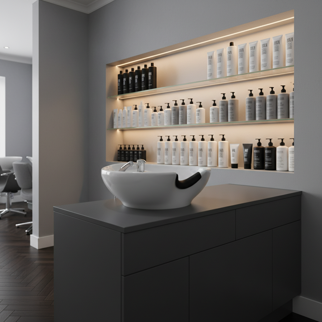An elegant backwash shampoo station featuring a glossy white ceramic basin with clean, sculpted lines, seamlessly integrated into a matte charcoal counter. Behind it, a recessed niche wall lined with backlit glass shelves displays an orderly row of high-end shampoo, toner, and treatment bottles, all in understated monochrome packaging. Subtle warm LED strip lighting under the shelves casts a sophisticated glow, highlighting the translucent liquids within. The surrounding walls are a smooth dove-gray plaster, and the floor is dark herringbone wood. Photographic realism, shot from a three-quarter angle with a medium depth of field, emphasizing the basin and illuminated products while the rest of the salon remains softly out of focus, creating a serene, spa-like mood.